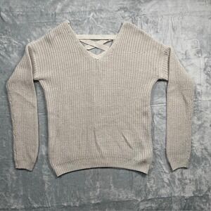 SO Women's Small Beige Knit V Neck Long Sleeve Lace-Up Back Sweater